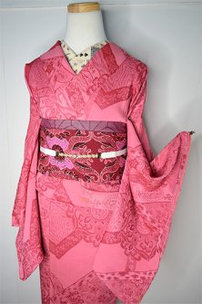 スモークローズピンクにふくれ織のような正倉院文様美しいアンティーク袷着物