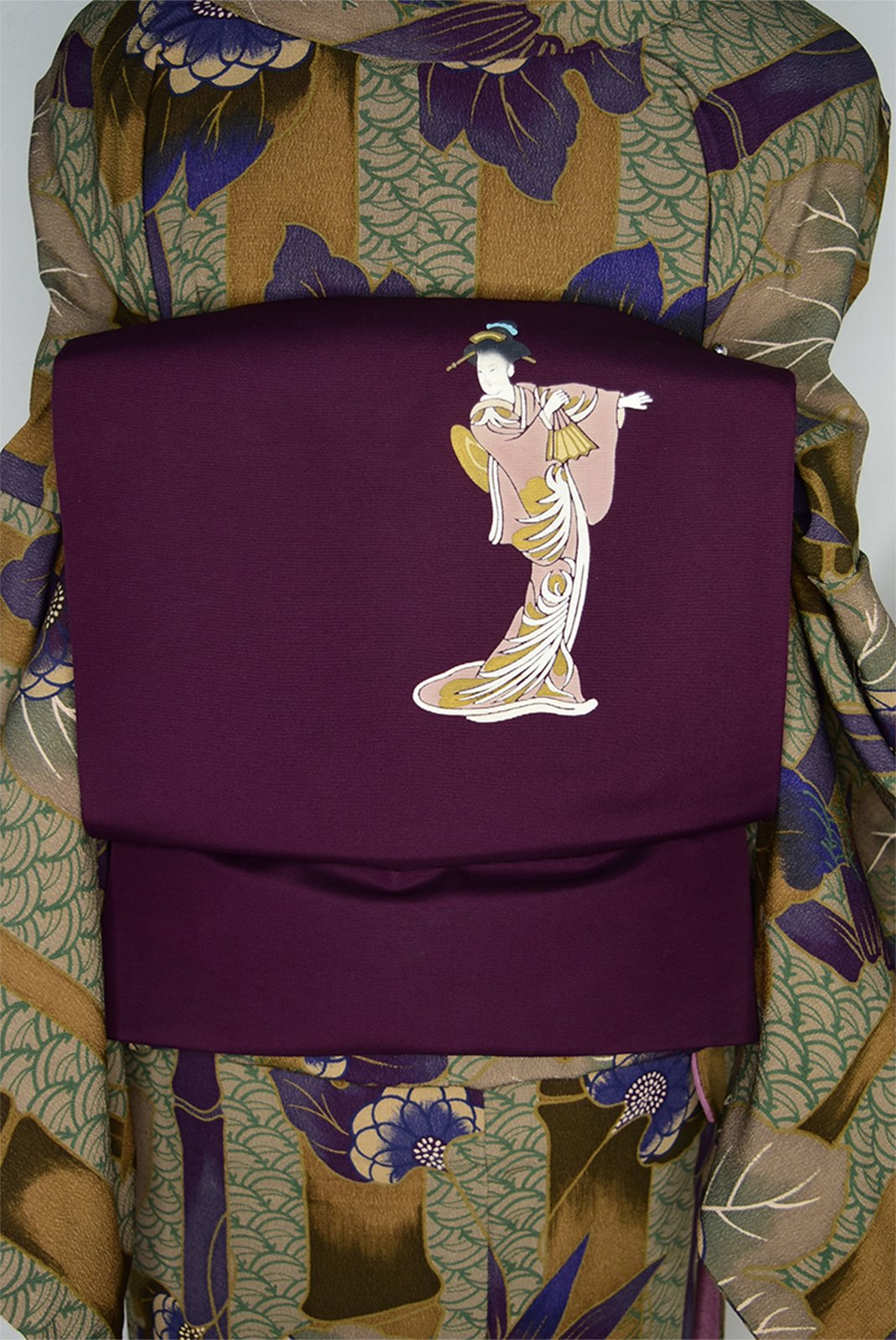 深紫に美人舞う染文様美しい化繊つくり帯 - アンティーク着物