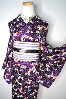 深紫に露芝と蝶々美しい正絹袷着物