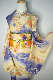 青藤霞に四季の花と波美しいアンティーク袷着物