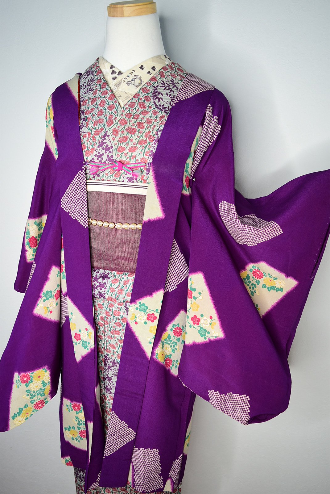紫に四季の草花絵札文様美しいアンティーク長羽織 - アンティーク着物