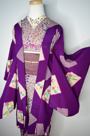 紫に四季の草花絵札文様美しいアンティーク長羽織