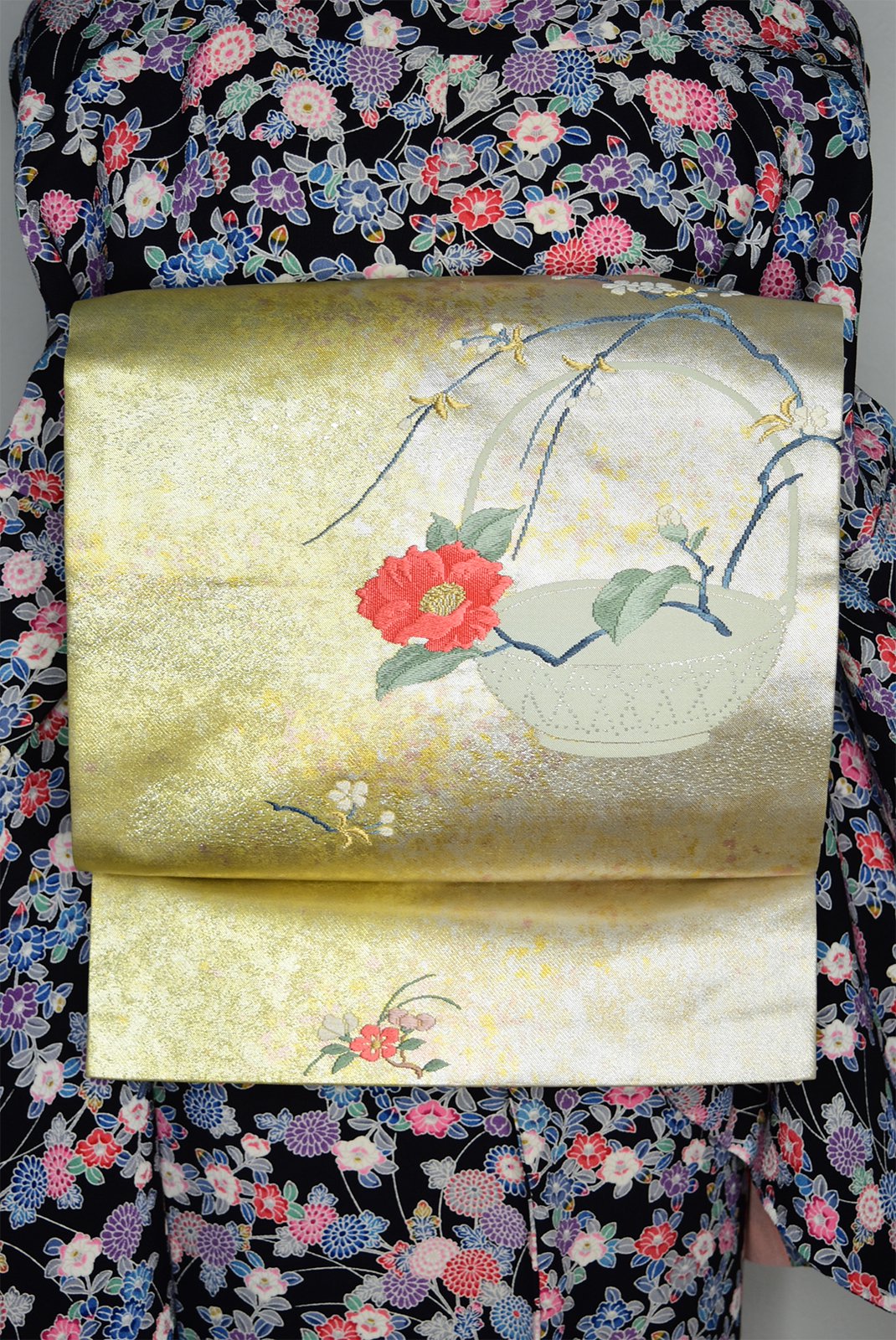 椿一輪の花籠美しい正絹名古屋帯 - アンティーク着物・リサイクル着物のオンラインショップ　姉妹屋