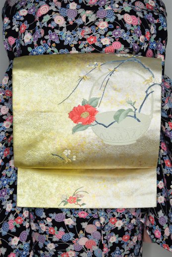 椿一輪の花籠美しい正絹名古屋帯