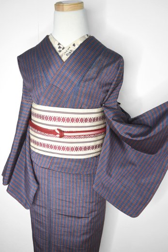 アッシュトリコロール縞文様小粋な正絹紬袷着物