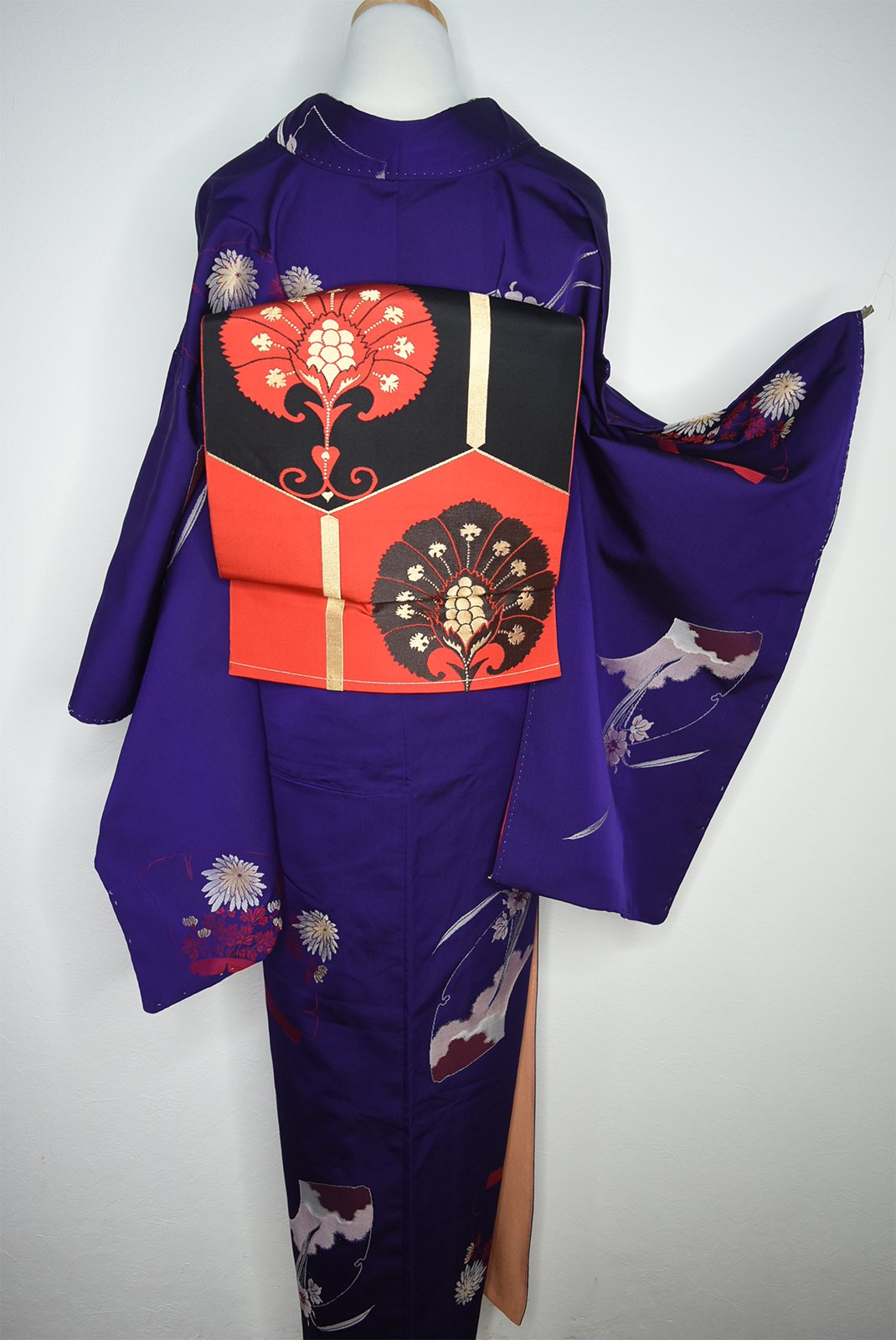 深紫の扇地紙に花美しいアンティーク正絹御召袷着物 - アンティーク