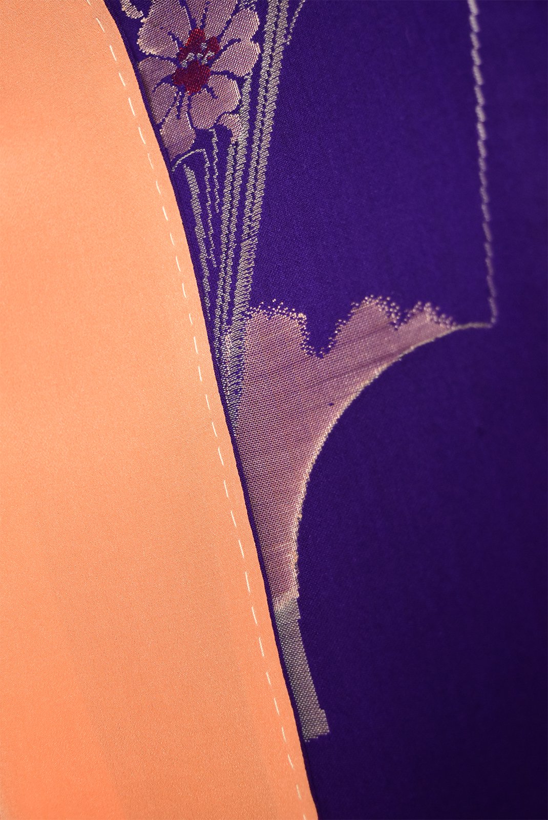 深紫の扇地紙に花美しいアンティーク正絹御召袷着物 - アンティーク