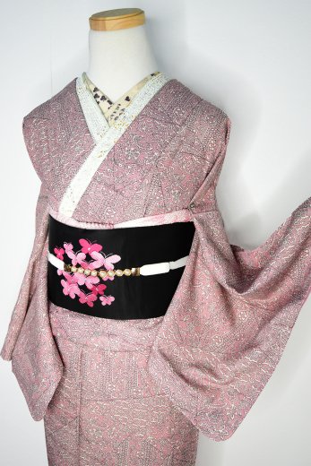 ストライプローズピンクに西洋更紗アラベスク美しい正絹袷着物