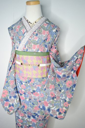 スモークパステル・ボタニカルデザイン美しい正絹袷着物