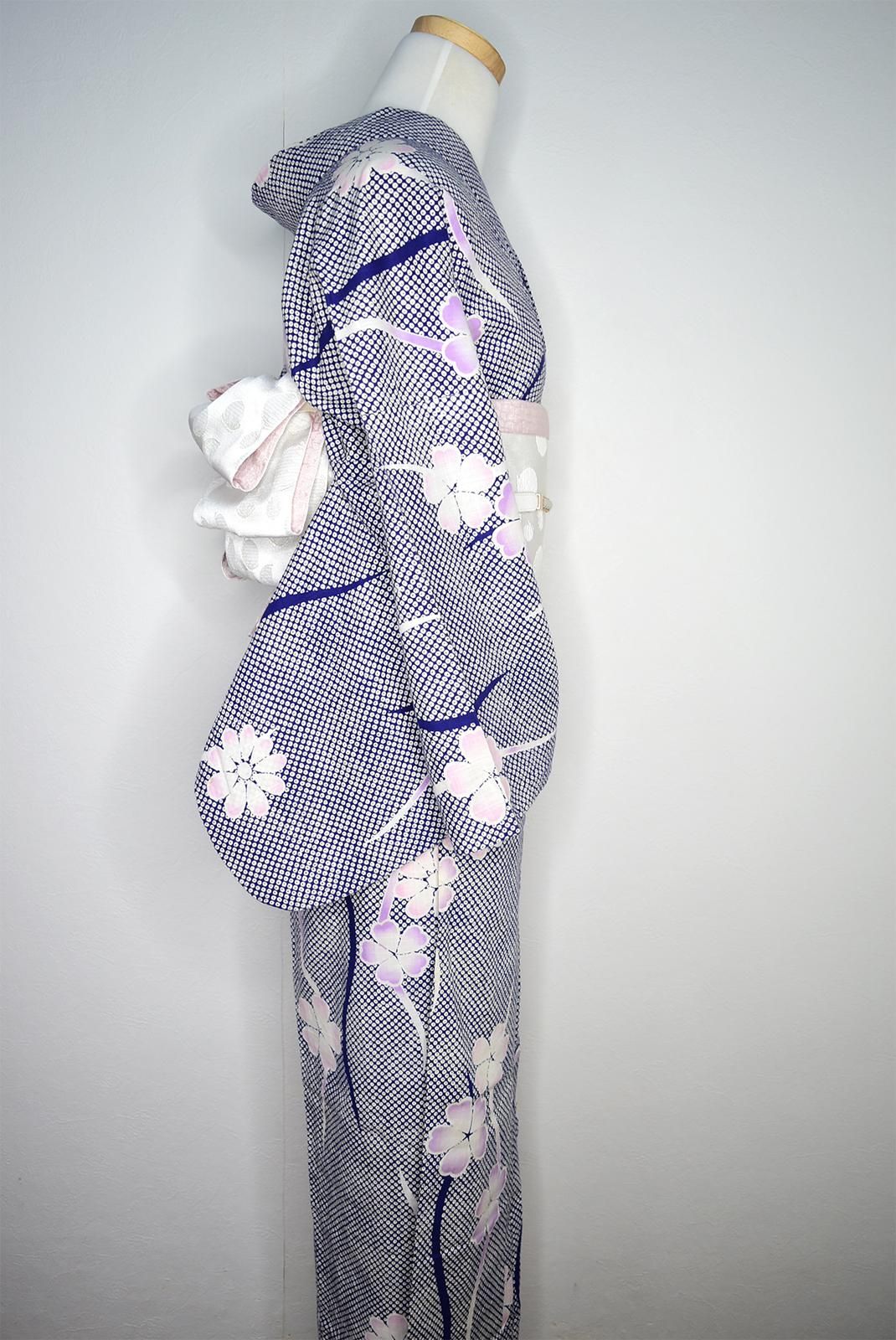 浴衣　花模様　ぼかし染め　流水　鹿の子　総絞り風　着物　074a d 浴衣 花模様 ぼかし染め 流水 鹿の子 総絞り風 着物 074a d