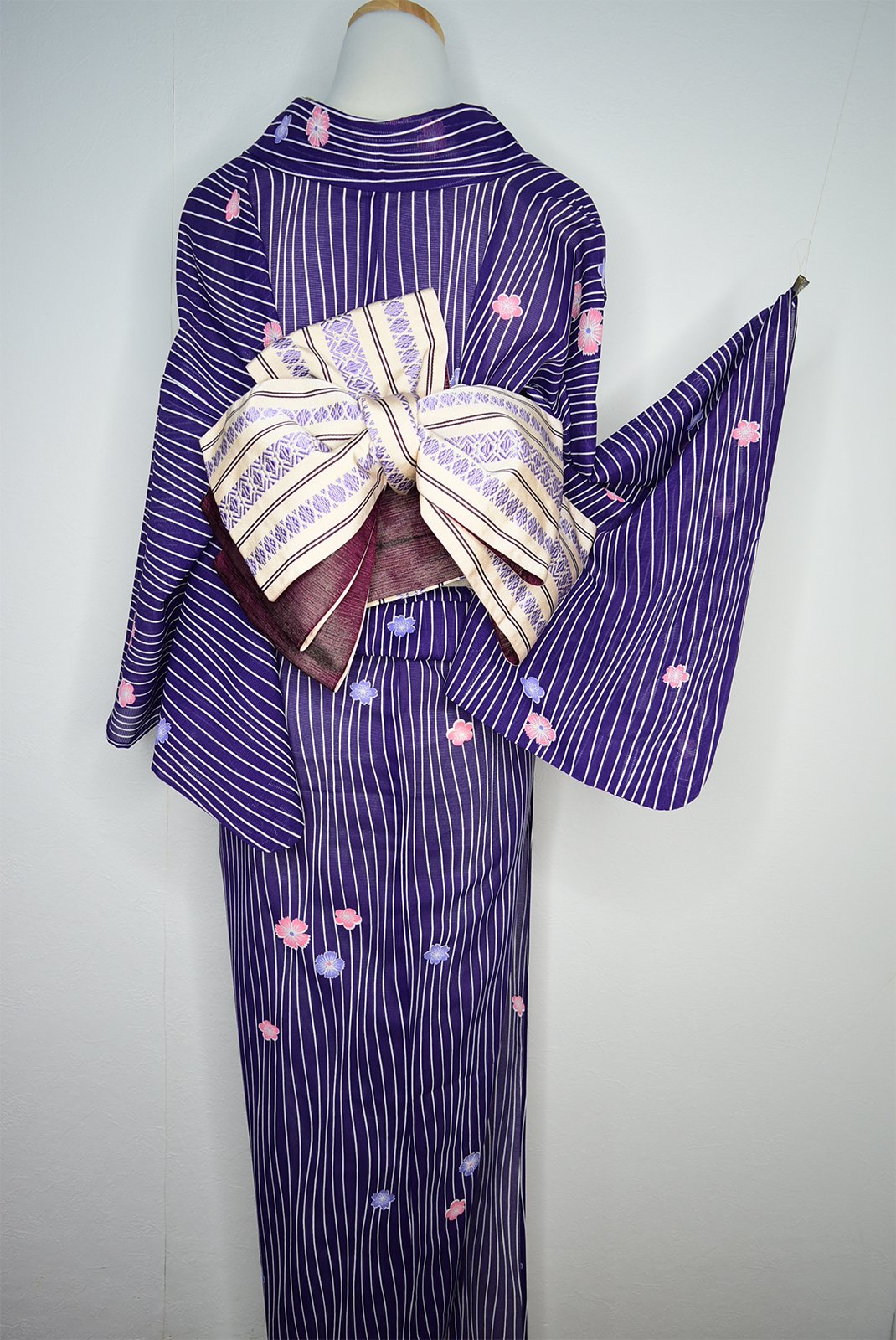 着物洗える着物 紗夏物小紋 お仕立て上がり 薄紫縞花柄 洗濯可能 新品 wk990
