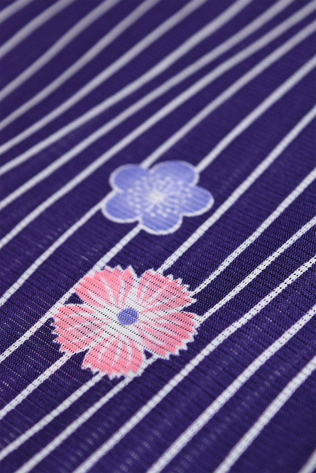 深紫によろけ縞と四季の花美しい洗える絽の夏着物 - アンティーク着物