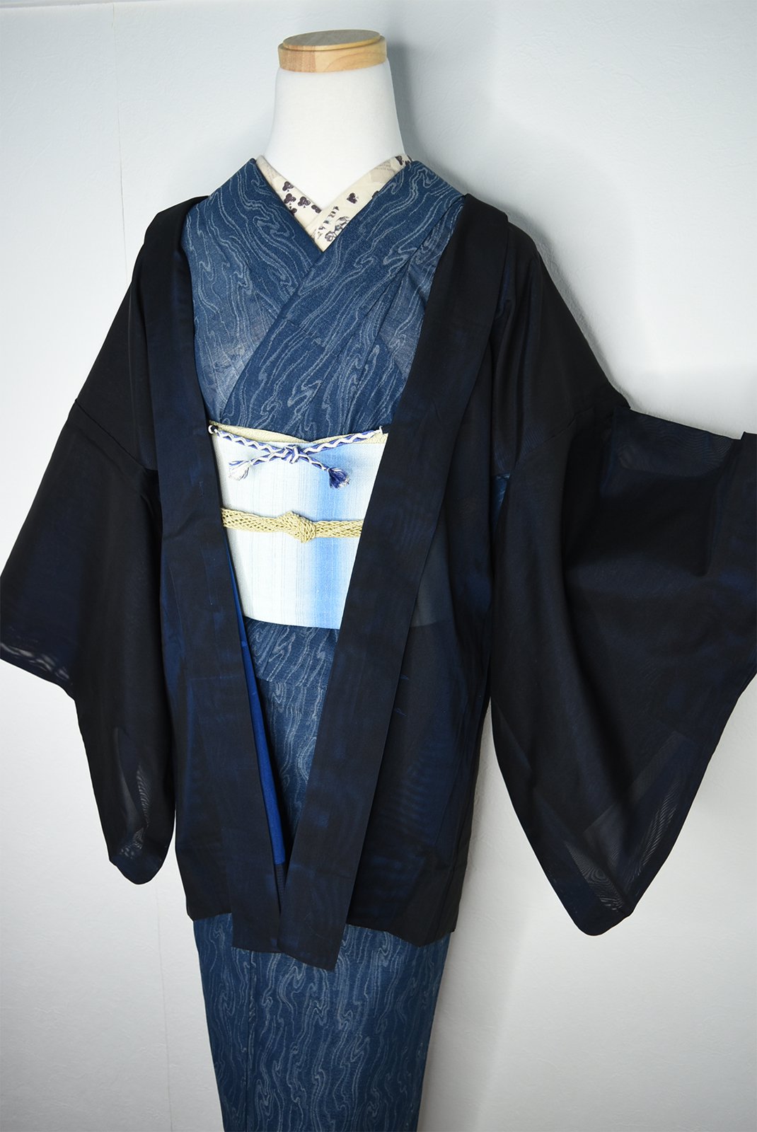 ブルーブラックに鳥が飛ぶ紗の薄羽織 - アンティーク着物・リサイクル