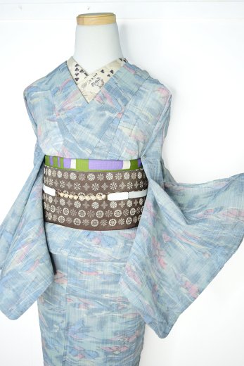 クレパス画のようなアクアブルーのフラワーモチーフ美しいサマーウール単着物