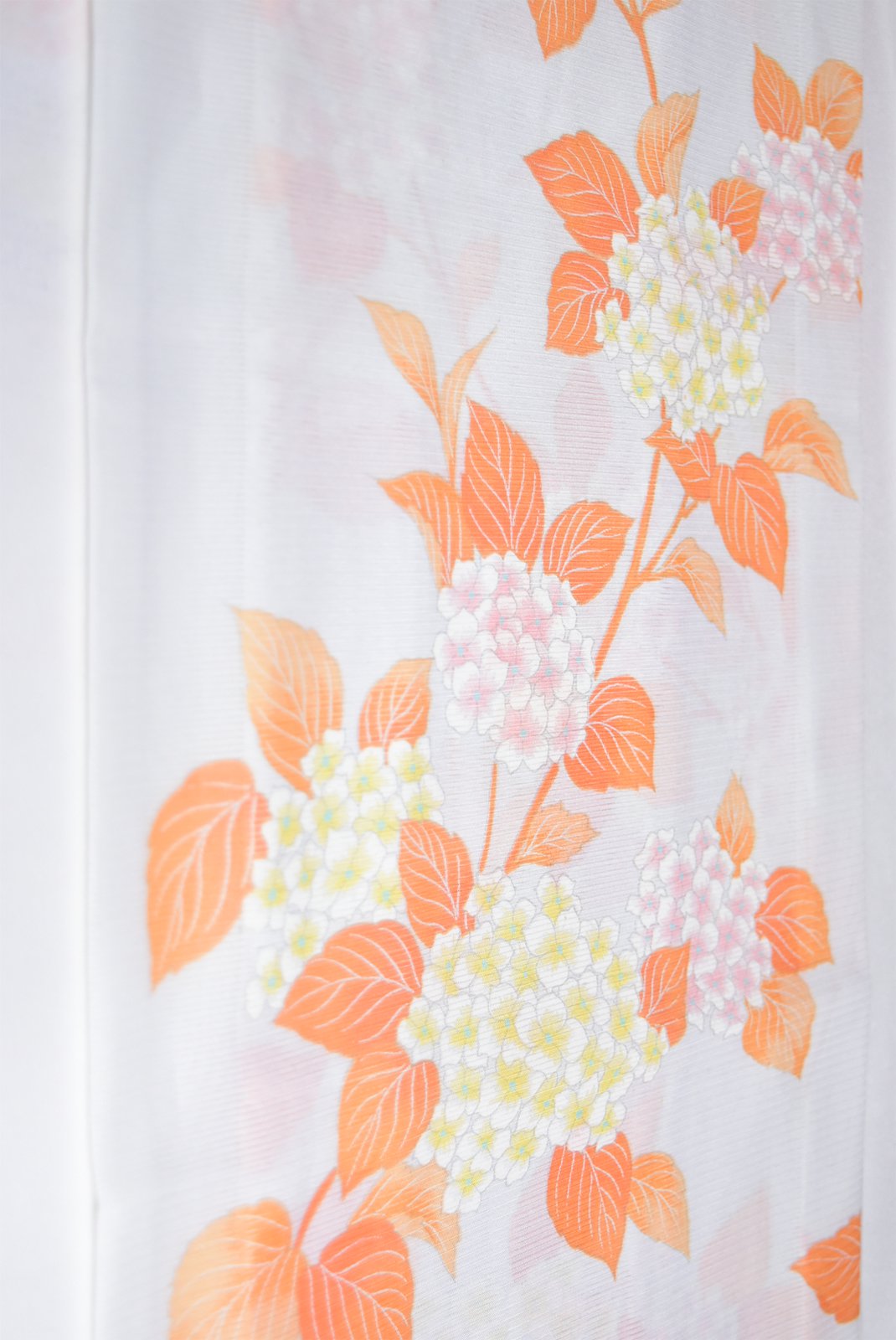 白地シェルピンクとジャスミンイエローの紫陽花美しい洗える化繊絽の夏