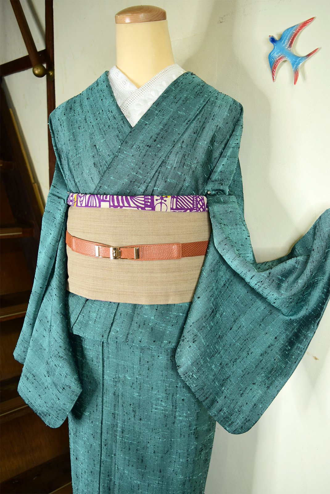 ティールグリーンのストライプ美しい化繊紬の夏着物 - アンティーク