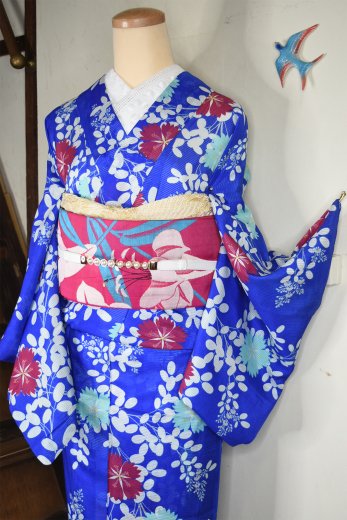 桔梗瑠璃色に萩と撫子美しいアンティーク絽の夏着物