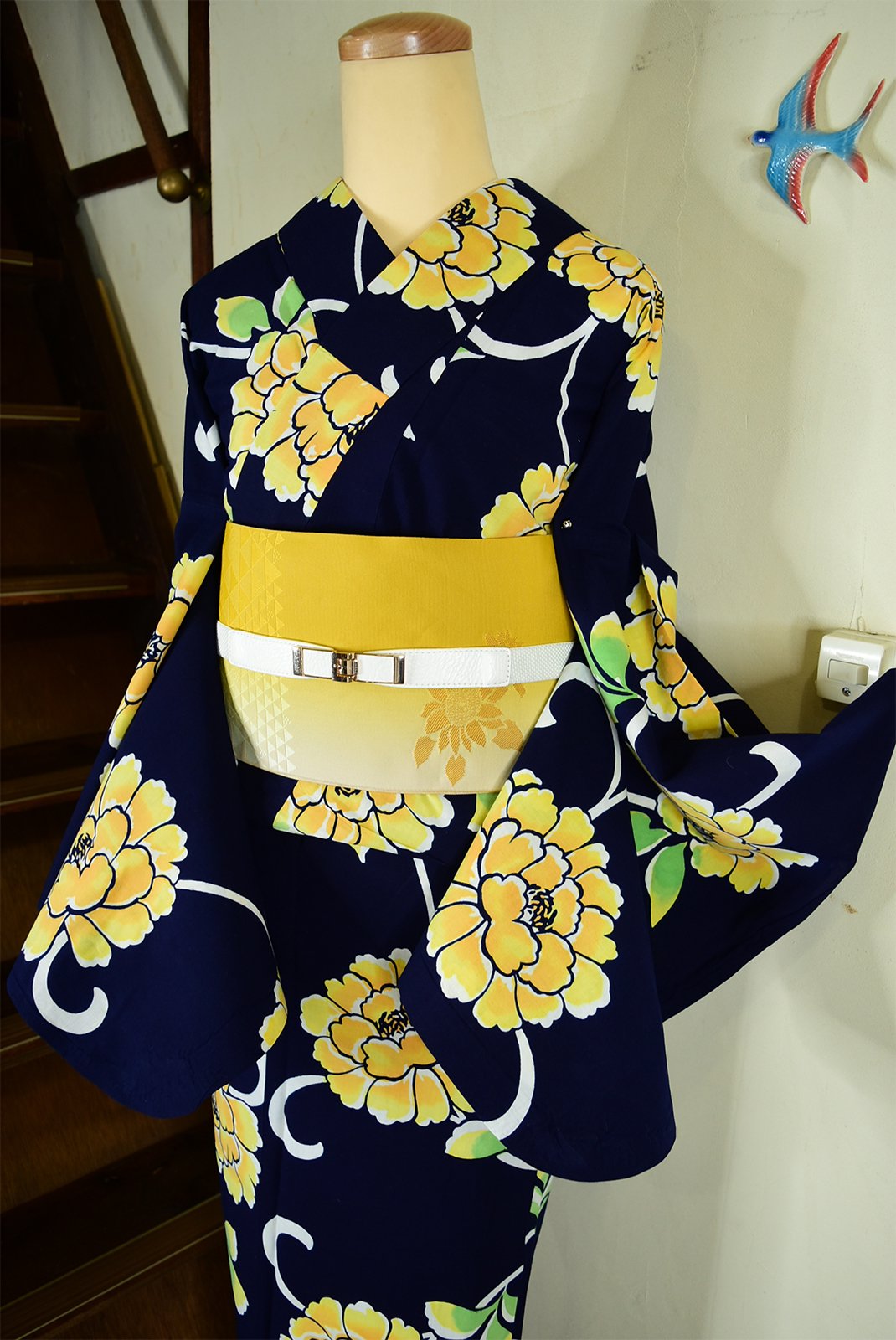 マリーゴールドイエロー花アラベスク美しいビンテージ注染浴衣