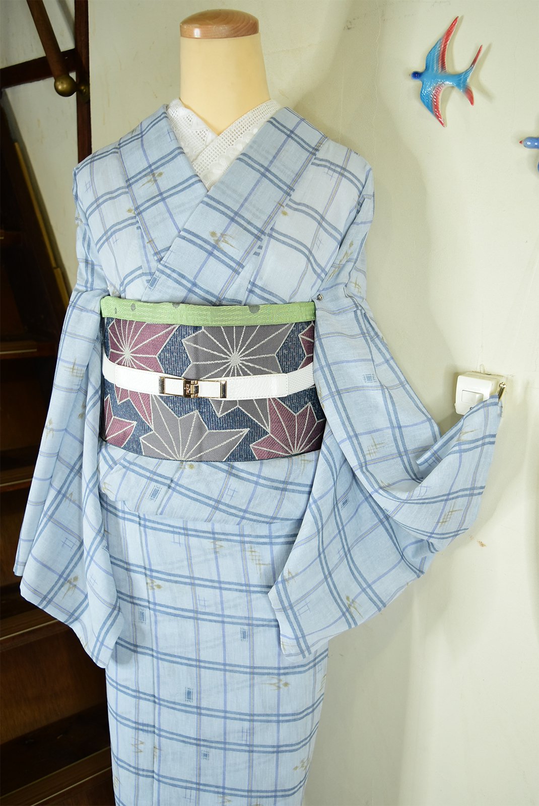 モダンチェックに琉球絣涼やかな上布風化繊夏着物 - アンティーク着物