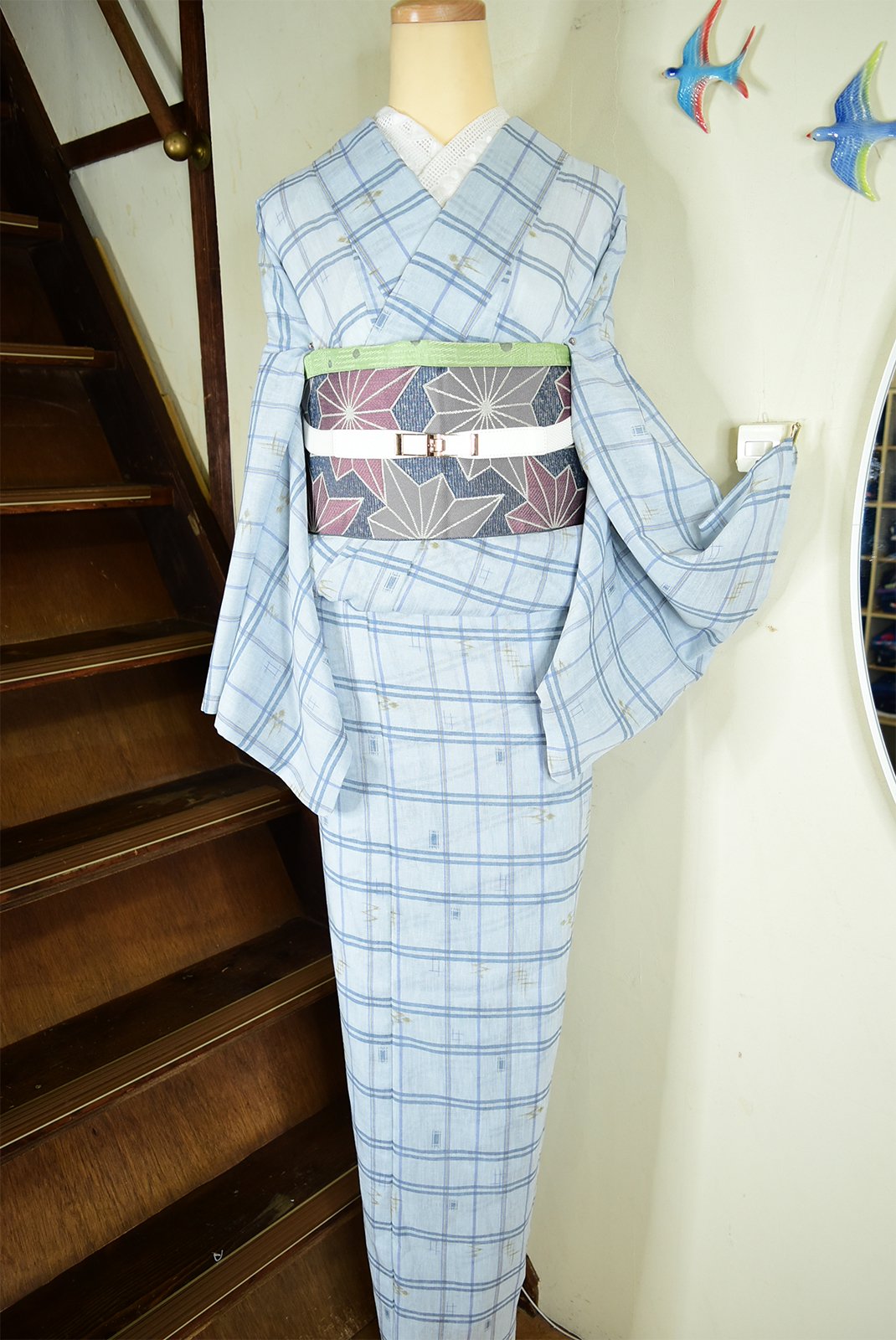 モダンチェックに琉球絣涼やかな上布風化繊夏着物 - アンティーク着物・リサイクル着物のオンラインショップ　姉妹屋