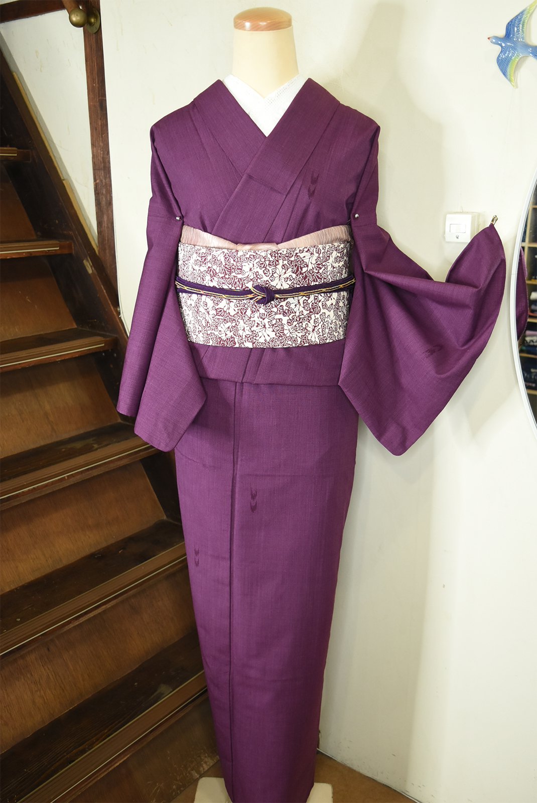 葡萄茶色の一面の葉模様美しい染め名古屋帯 - アンティーク着物 
