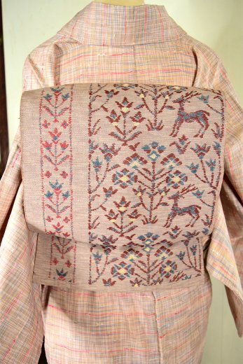 花と鹿のロマンチックデザイン正絹紬開き名古屋帯