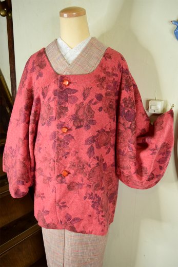 ローズカラーに英国ビンテージ薔薇の花美しいウール混着物コート
