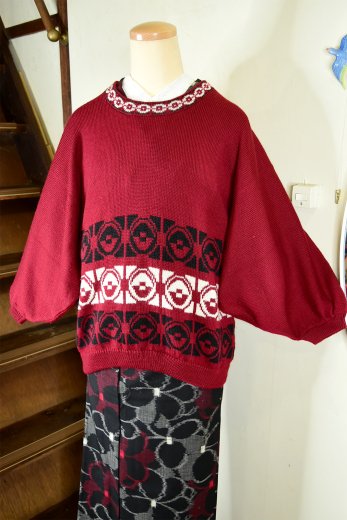 ルージュレッド手編みウールニットの着物プルオーバー