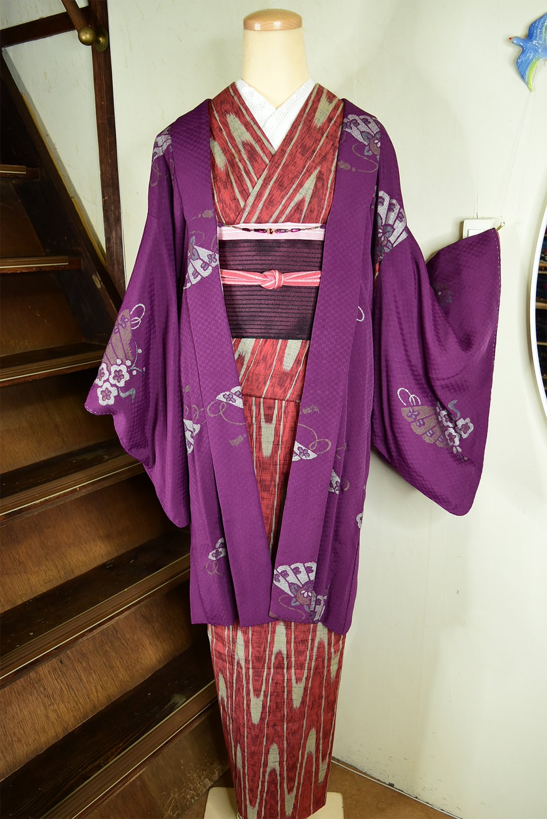 市松地紋深紫に檜扇文様美しいアンティーク長羽織 - アンティーク着物 
