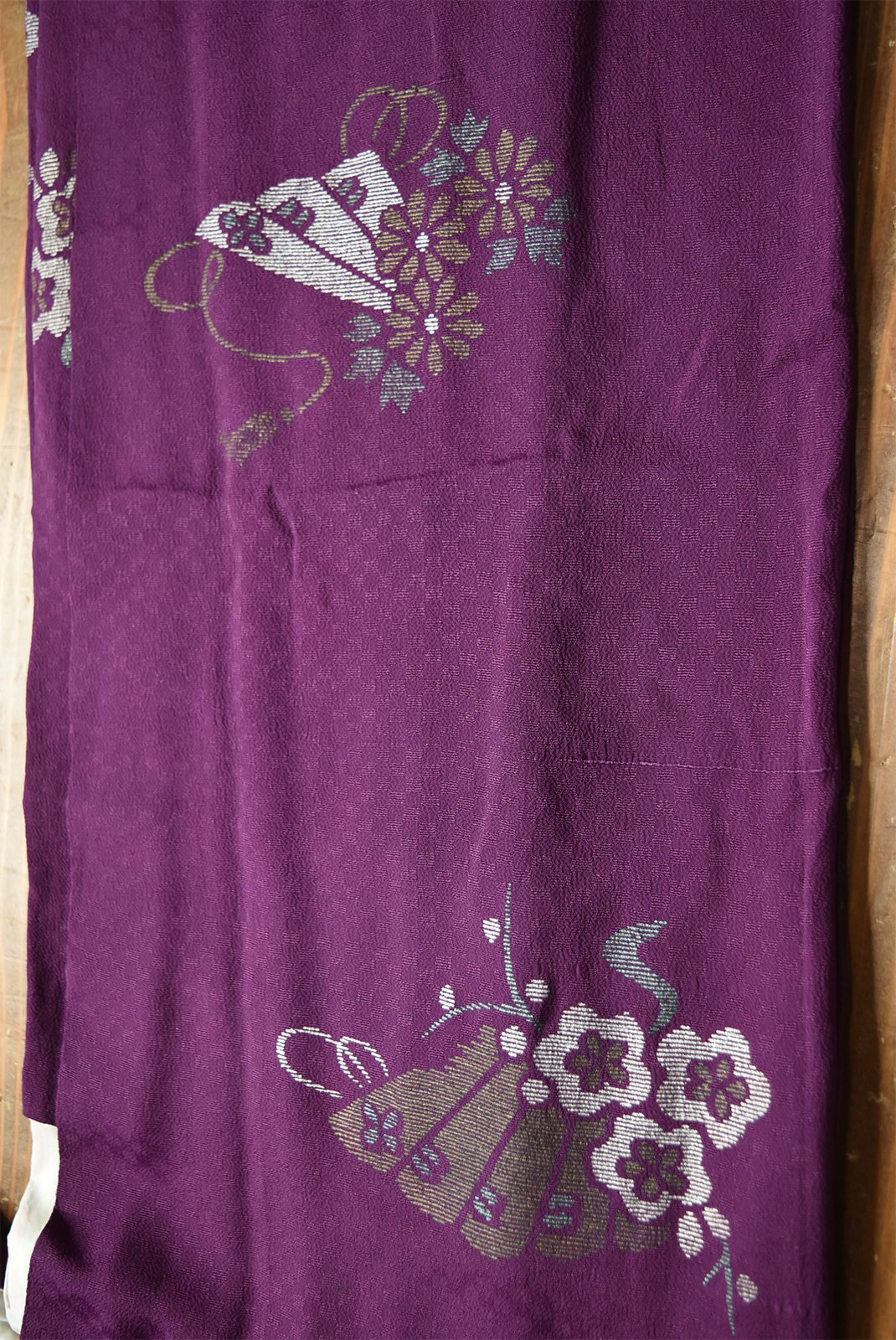 市松地紋深紫に檜扇文様美しいアンティーク長羽織 - アンティーク着物
