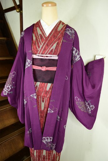 市松地紋深紫に檜扇文様美しいアンティーク長羽織