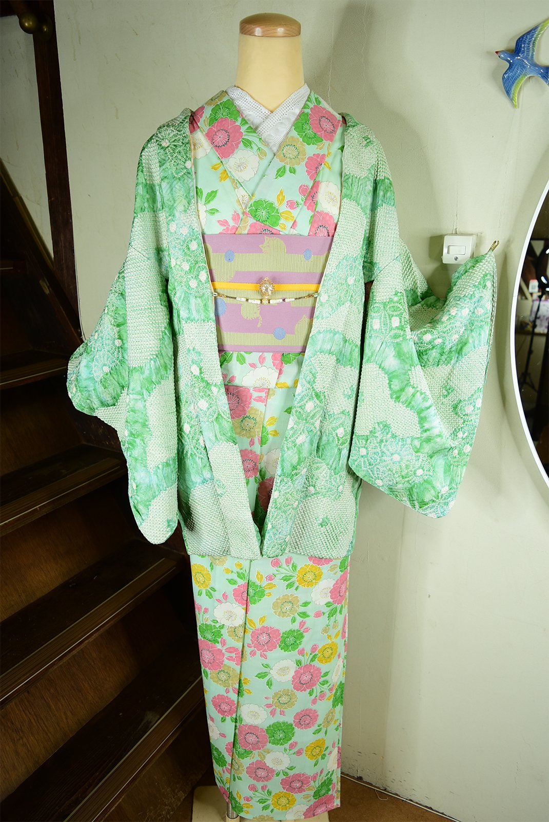 翡翠色花霞美しい正絹総絞りビンテージ羽織 - アンティーク着物・リサイクル着物のオンラインショップ　姉妹屋