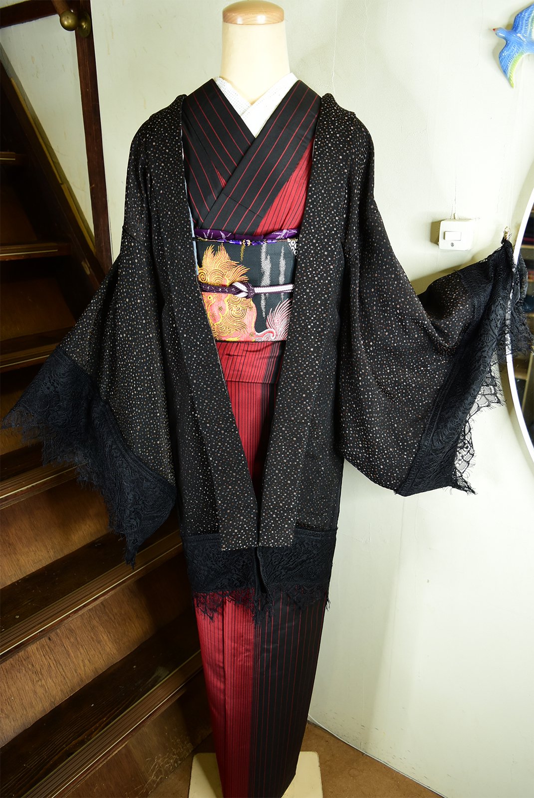 ビンテージリメイク・レースデコレーション黒羽織（雪の夜） - アンティーク着物・リサイクル着物のオンラインショップ　姉妹屋
