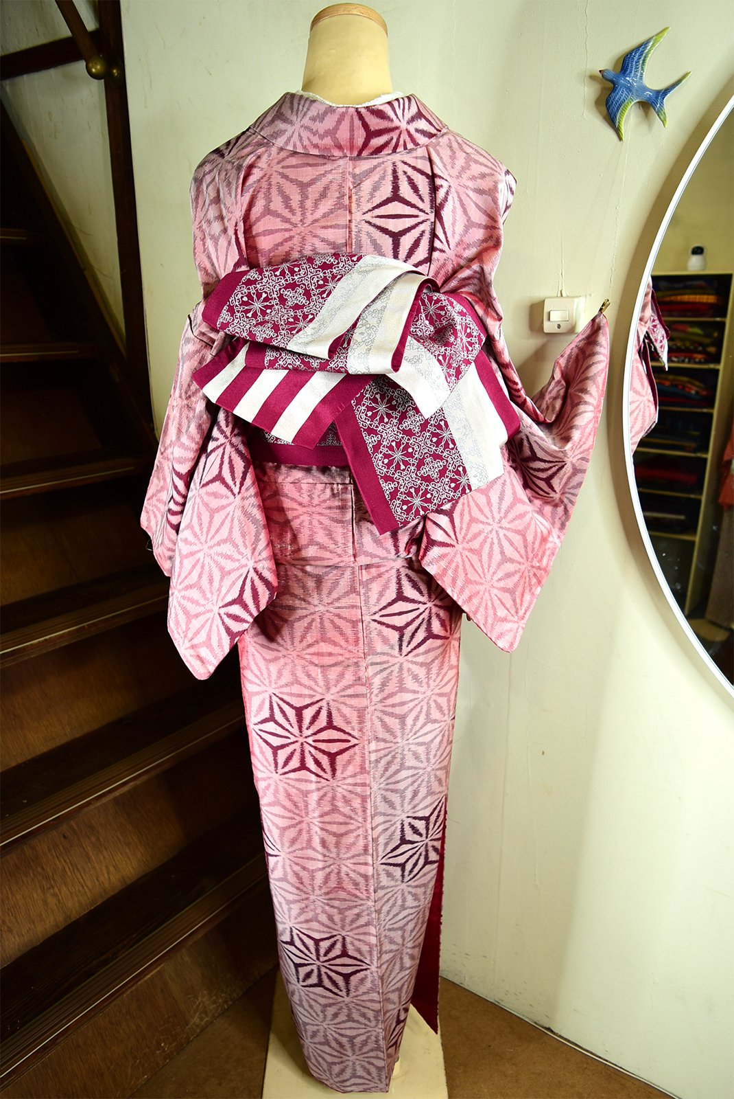 葡萄紅色の麻の葉模様美しい正絹紬袷着物 - アンティーク着物 