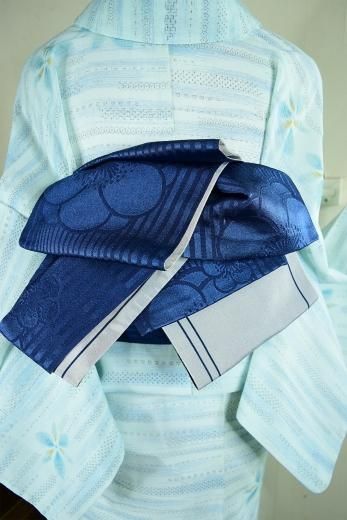 霞空ブルーに青い花おぼろに浮かぶ上布風スリーウェイ夏着物浴衣