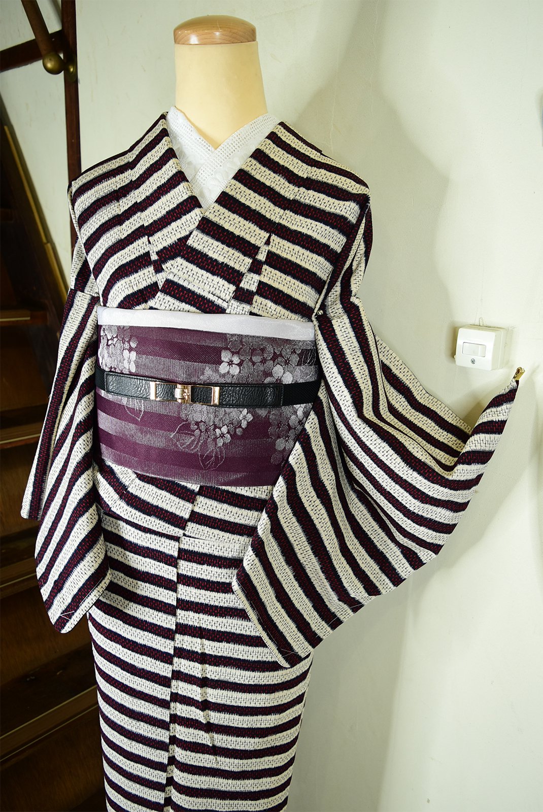 絣ドットのボーダーデザインモダンな正絹御召単着物 - アンティーク着物・リサイクル着物のオンラインショップ 姉妹屋