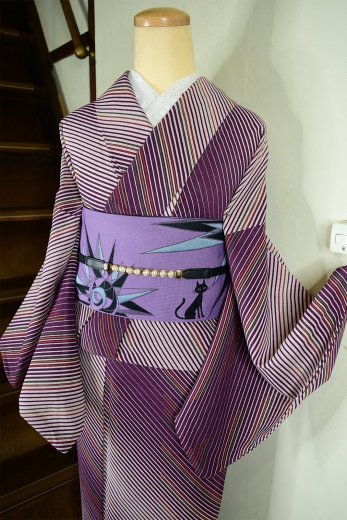 鉄紺と茜色の麻の葉模様小粋なウール紬単着物 - アンティーク着物 