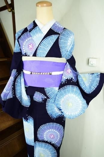 M3315★ 着物淡雪 ★ 注染浴衣 ★ 綿紬浴衣　パープル薔薇　高級浴衣 綿紬浴衣(注染・波松葉に桜) - 染と織たかはしオンラインショップ