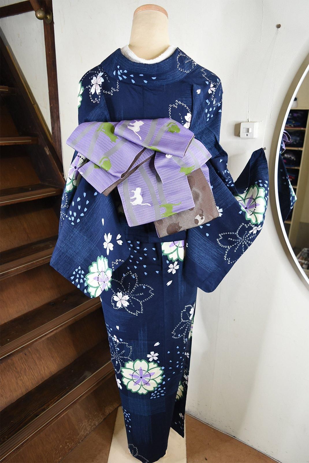 新品 しつけぬい付き 手縫 有松絞り 茄子紺色 桜 矢絣 綿 古典柄 浴衣