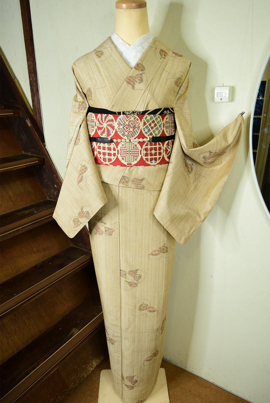 kimono ファッション アンティーク帯 両面帯 更紗な 鱗 紬？の様