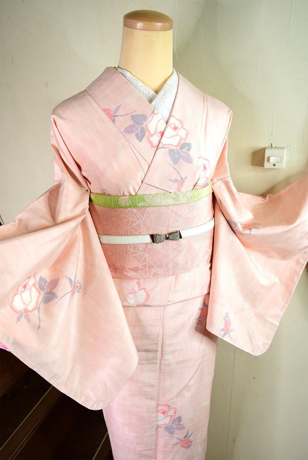 単衣 十日町紬 裄66 素敵な絣柄 着物 正絹 A-0287 着物 / 十日町