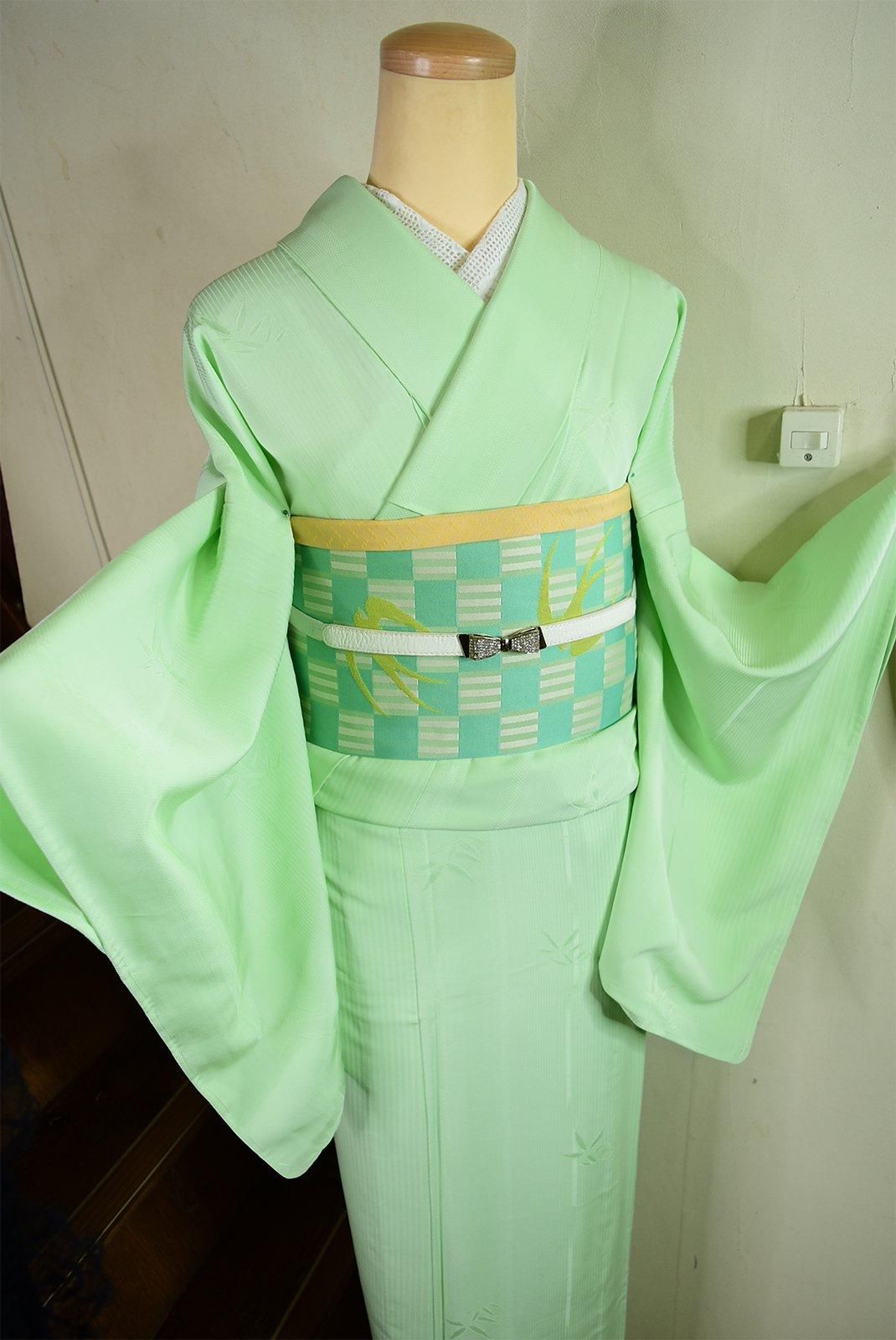 色無地 フルセット 抹茶色 薄緑色 縮緬 通紋 シンプル 礼装 着物 H10