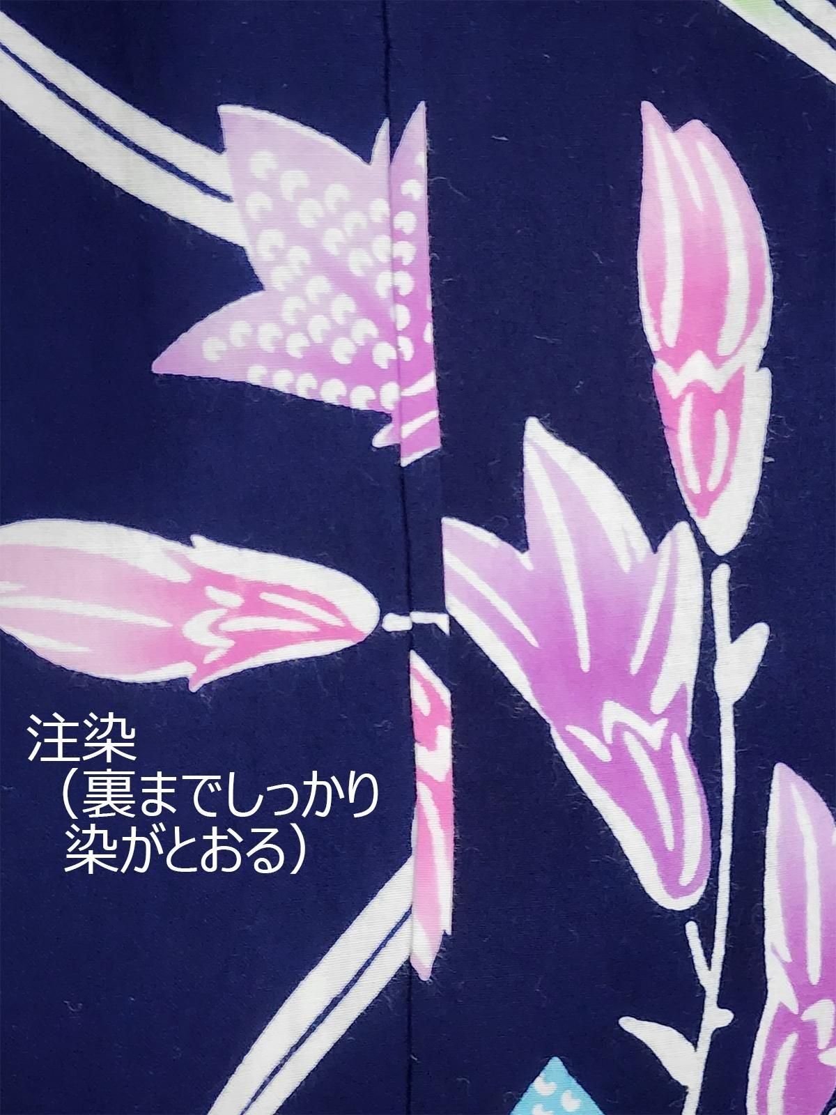 緑青色の地に、密やかに咲く紫陽花と、華麗な蝶が美しい注染めの浴衣です 緑青色の地に、密やかに咲く紫陽花と、華麗な蝶が美しい注染めの