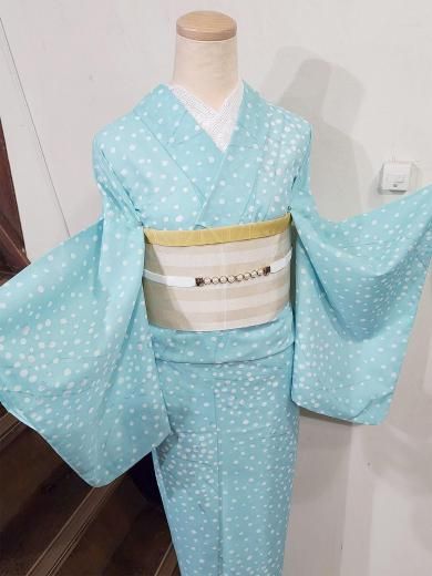 【浴衣】花模様 未使用品　藍染　注染　水色 レトロ　青　古典 綿　しつけ糸 10003375_8.jpg
