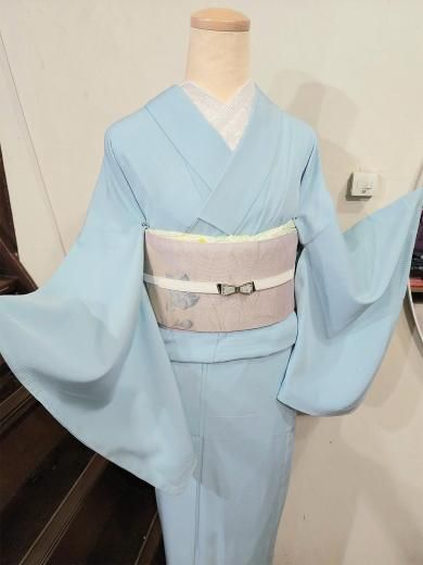 水色美しい雲流のような波ストライプモダンな正絹単の色無地着物