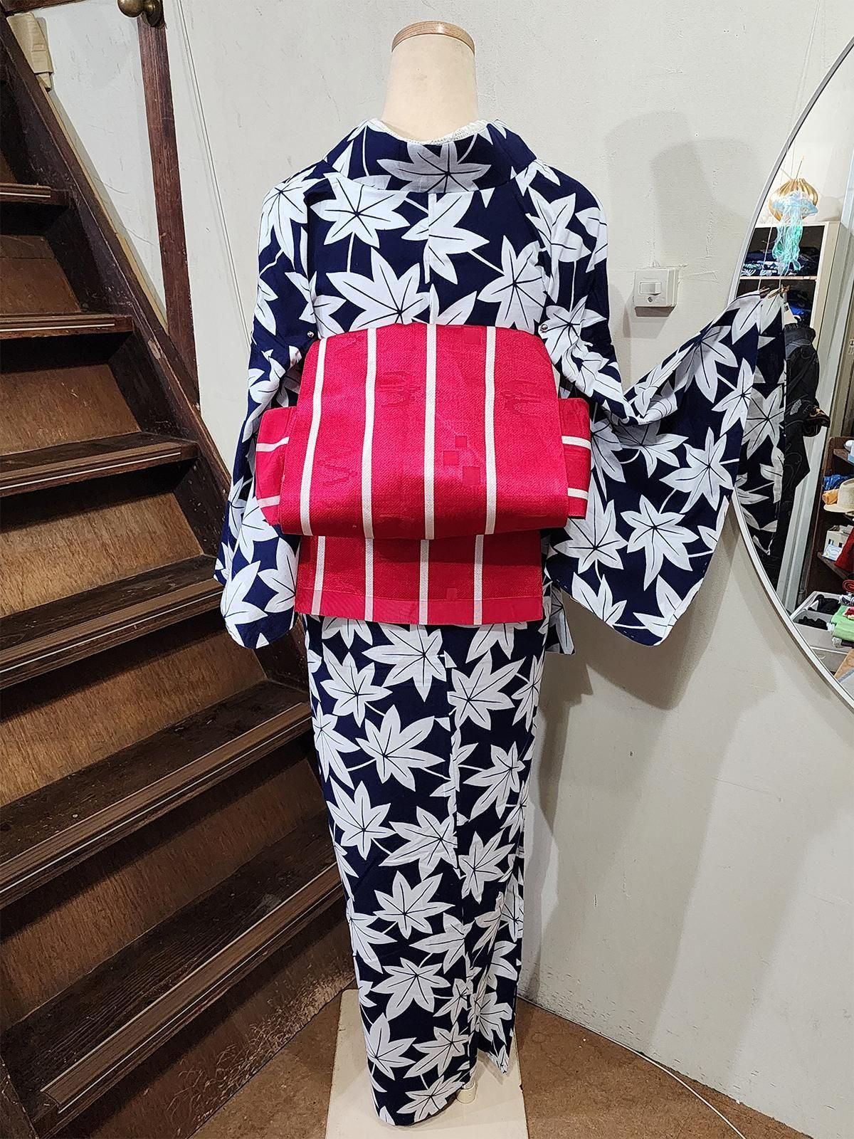 赤白バイカラーのチェックとストライプのリバーシブル単帯