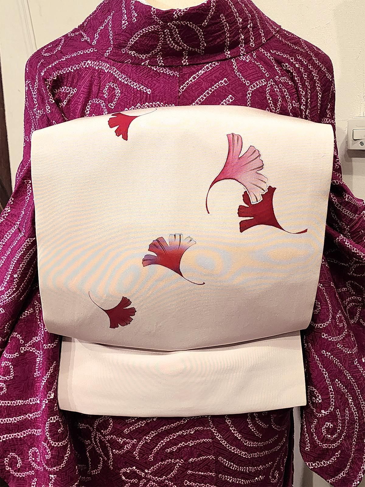 塩瀬 ファッション 名古屋帯 塩瀬 菱形に葉模様 刺繍 茶色 O-5400.5wt