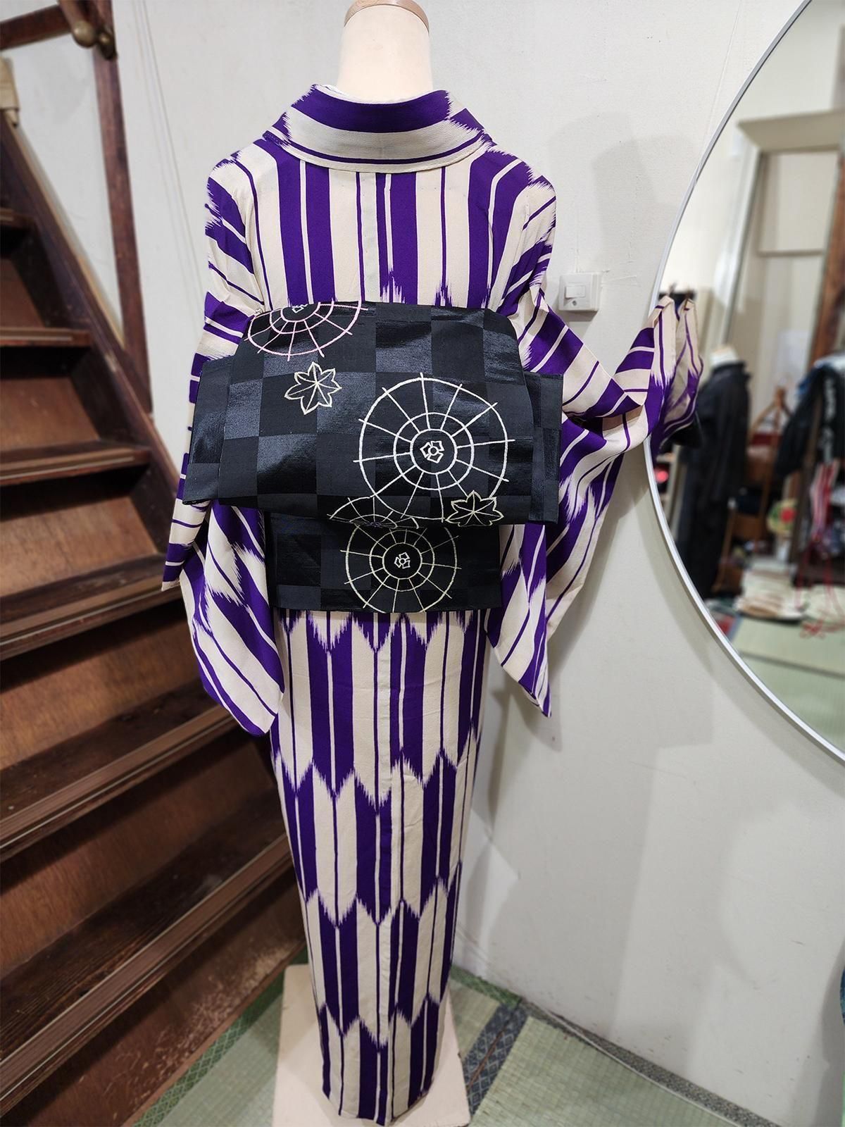 ❇︎アンティーク　昼夜帯　リバーシブル　黒　茶❇︎ アンティーク井和井】昼夜帯 更紗[アンティーク］