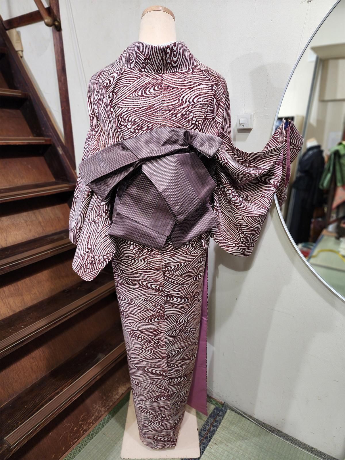 ビンテージリファイン・ロング正絹半幅帯（鴇浅葱茶） - アンティーク