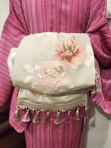 *着物反物*　紅型松竹梅と藍色草花　大人の兵児帯　半幅帯　長尺　ハンドメイド 着物反物* 紅型松竹梅と藍色草花 大人の兵児帯 半幅帯 長尺